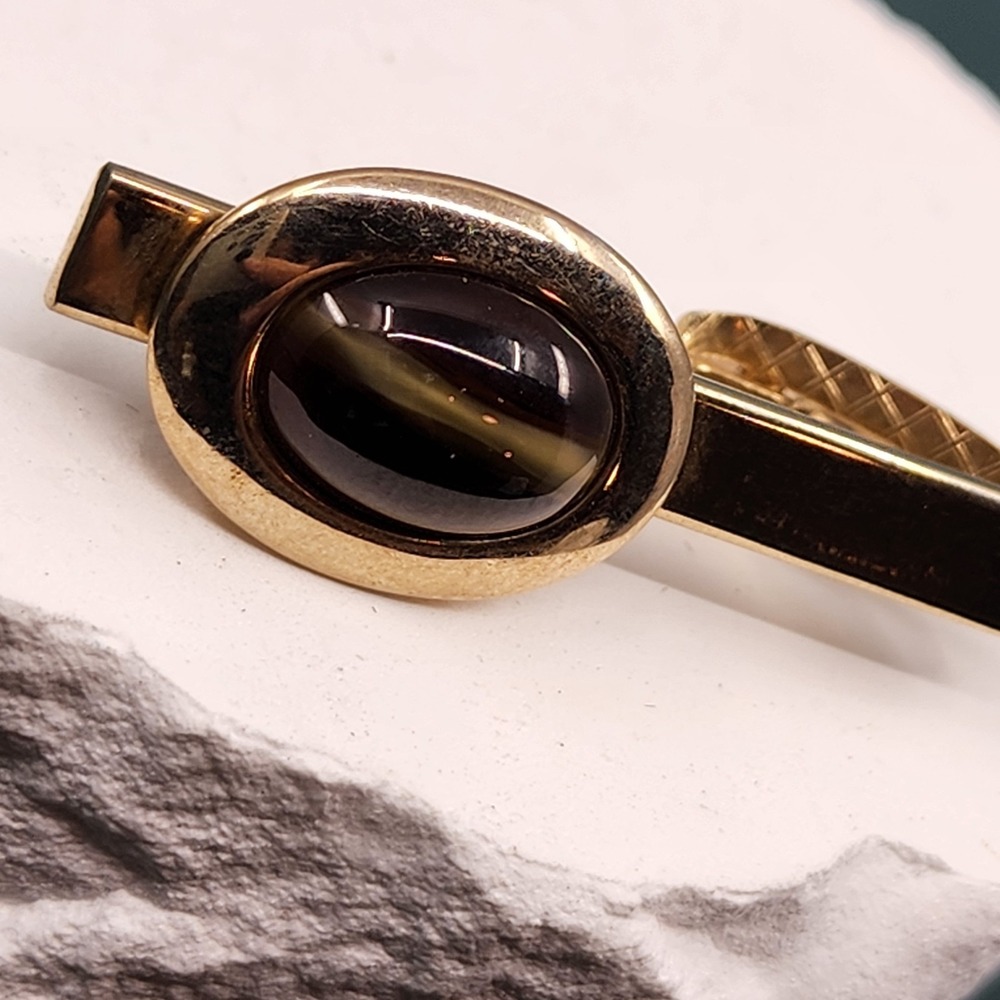 Vintage Gold Tone Tie Clip Dark Brown Oval Cabochon Men's Formal Accessory Gift
